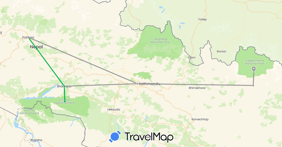 TravelMap itinerary: driving, bus, plane in Nepal (Asia)